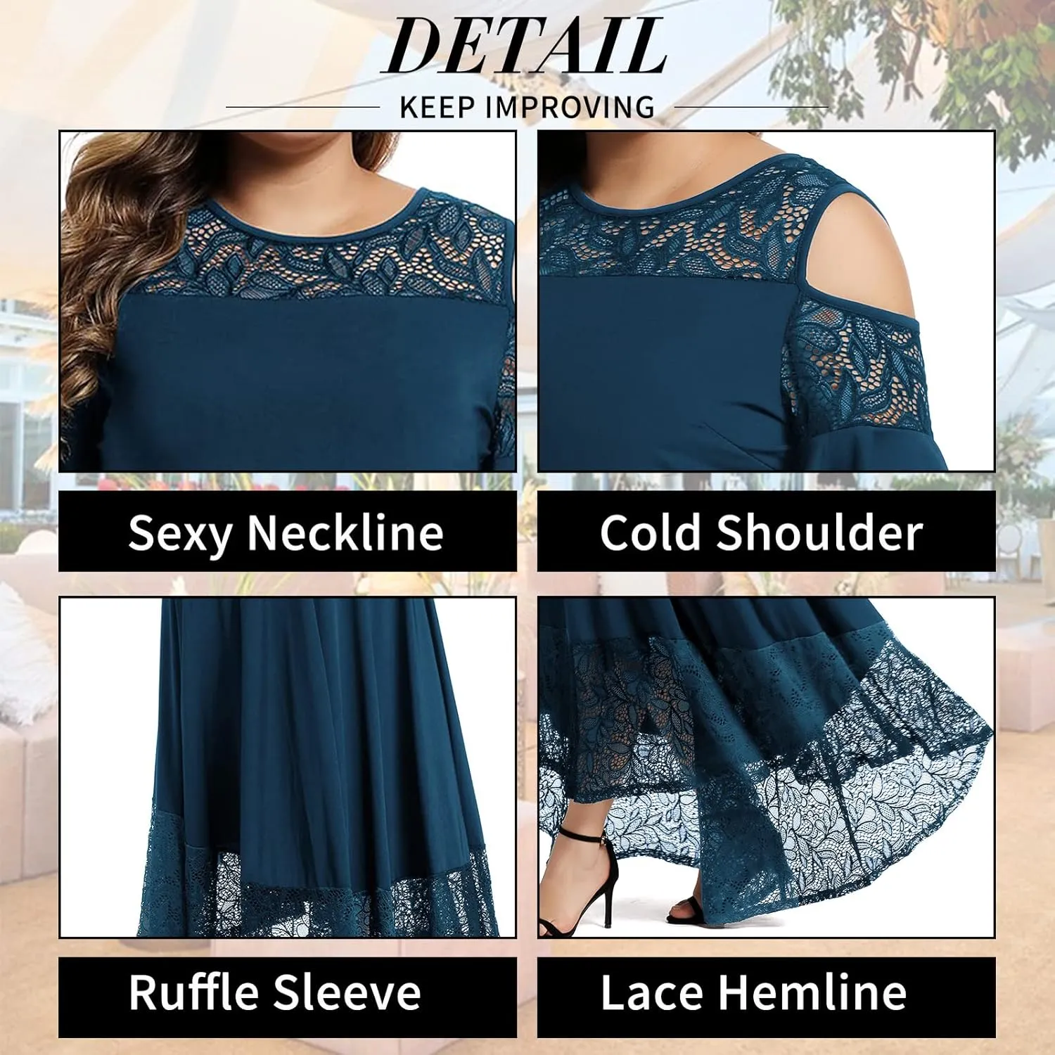 LALAGEN Womens Plus Size Lace Cold Shoulder Casual Long Plain Evening Party Maxi Dress L-5X