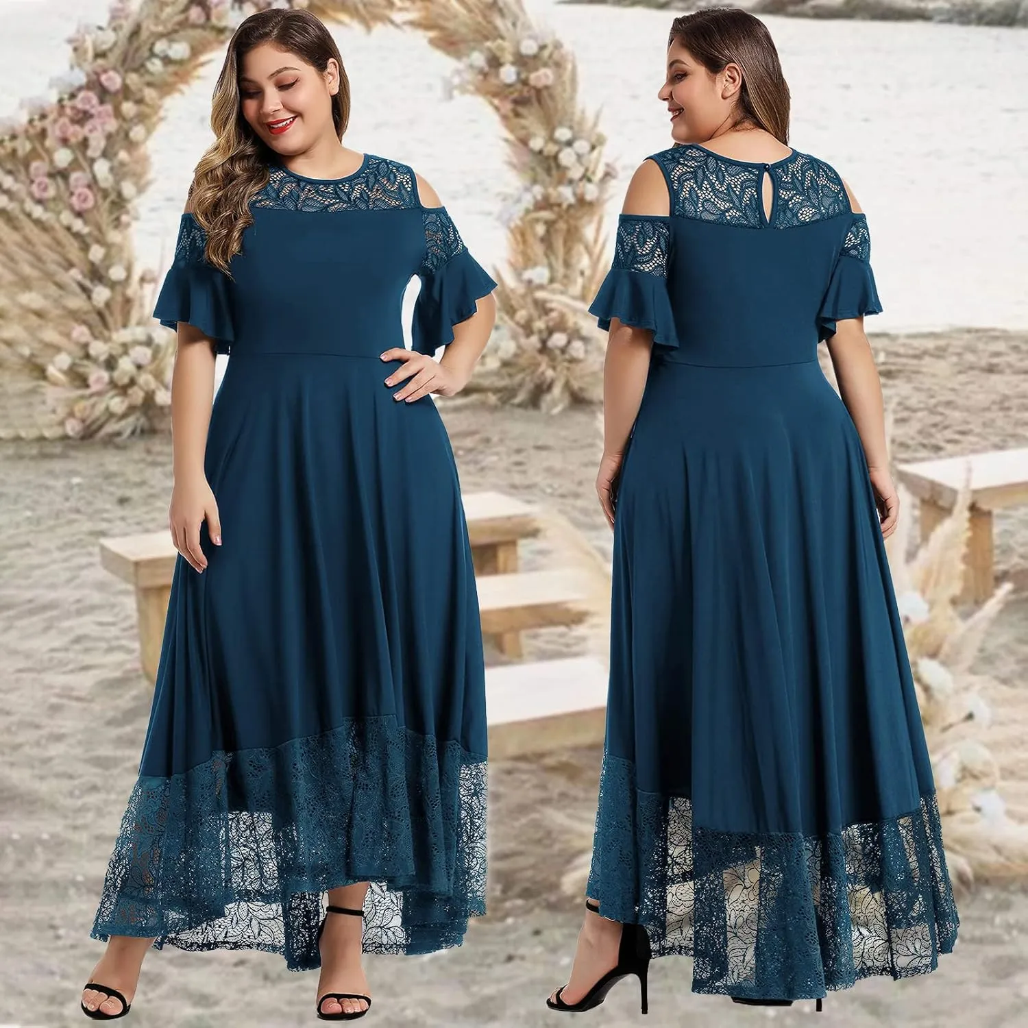 LALAGEN Womens Plus Size Lace Cold Shoulder Casual Long Plain Evening Party Maxi Dress L-5X