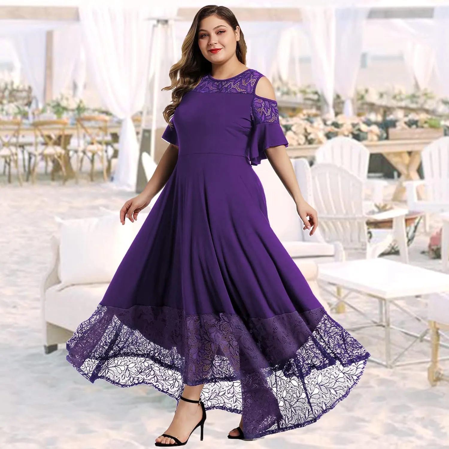 LALAGEN Womens Plus Size Lace Cold Shoulder Casual Long Plain Evening Party Maxi Dress L-5X