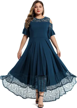 LALAGEN Womens Plus Size Lace Cold Shoulder Casual Long Plain Evening Party Maxi Dress L-5X