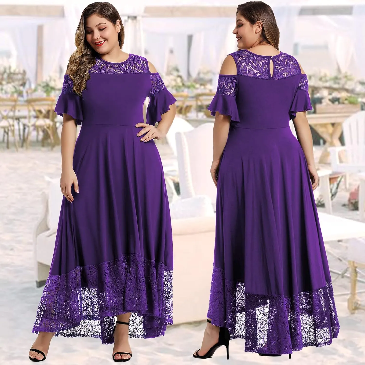 LALAGEN Womens Plus Size Lace Cold Shoulder Casual Long Plain Evening Party Maxi Dress L-5X