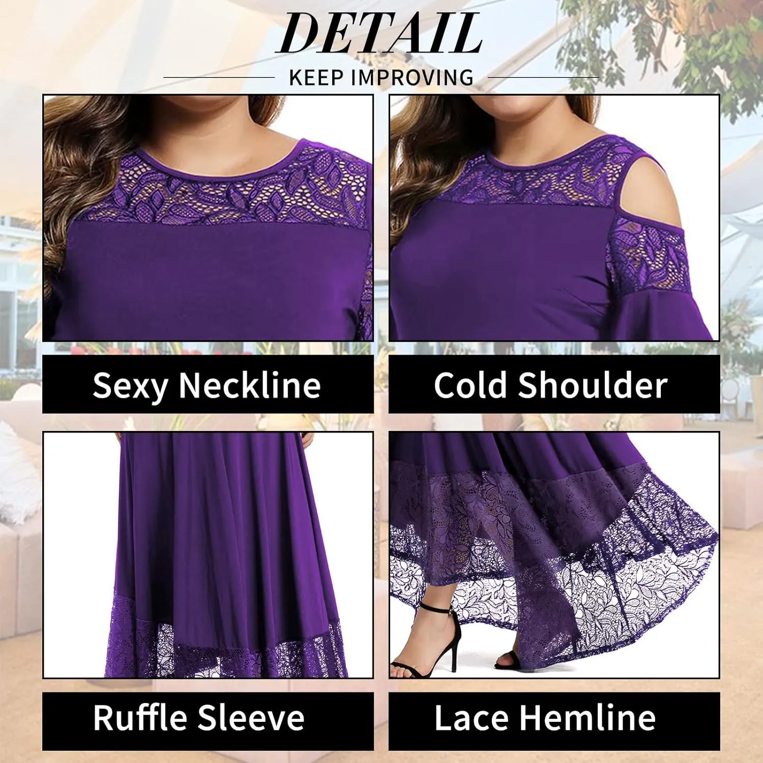LALAGEN Womens Plus Size Lace Cold Shoulder Casual Long Plain Evening Party Maxi Dress L-5X