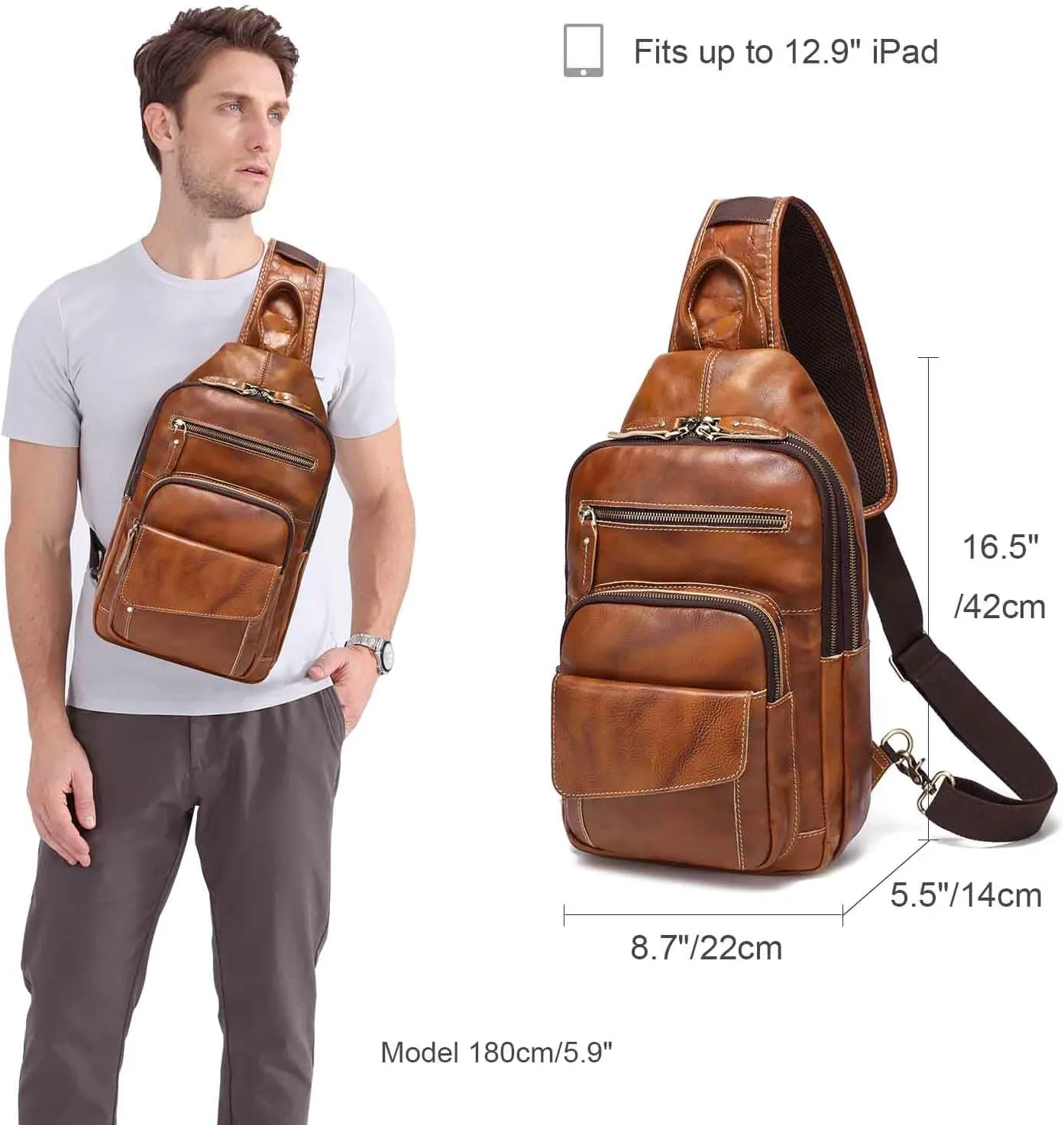 LANNSYNE Full Grain Leather Casual Sling Bag For Men Hiking/Travel/Business Crossbody Chest Bag Fits 12.9" iPad