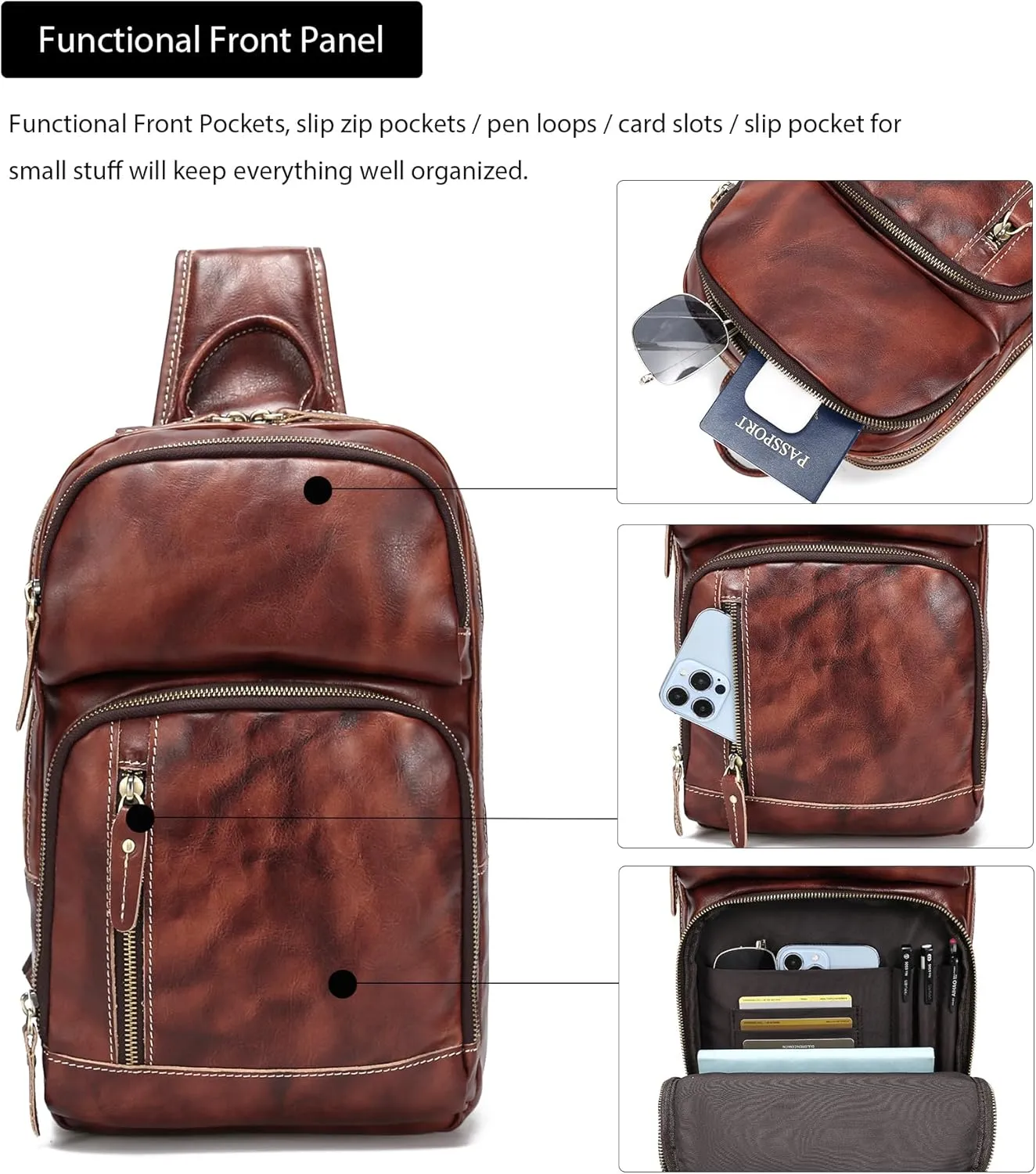 LANNSYNE Full Grain Leather Sling Bag For Men, Crossbody Bag fits 12.9" iPad Crossbody Chest Daypack