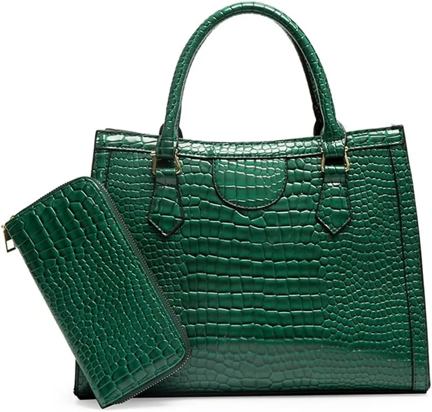 Large Crocodile Pattern Satchel Handbag for Women - Stylish Top Handle Tote & Crossbody Bag in Green
