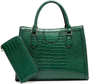Large Crocodile Pattern Satchel Handbag for Women - Stylish Top Handle Tote & Crossbody Bag in Green