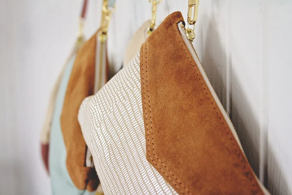 Large Leather Wristlet  Handbag For Women - Two Tone Colors with Suede Leather Option