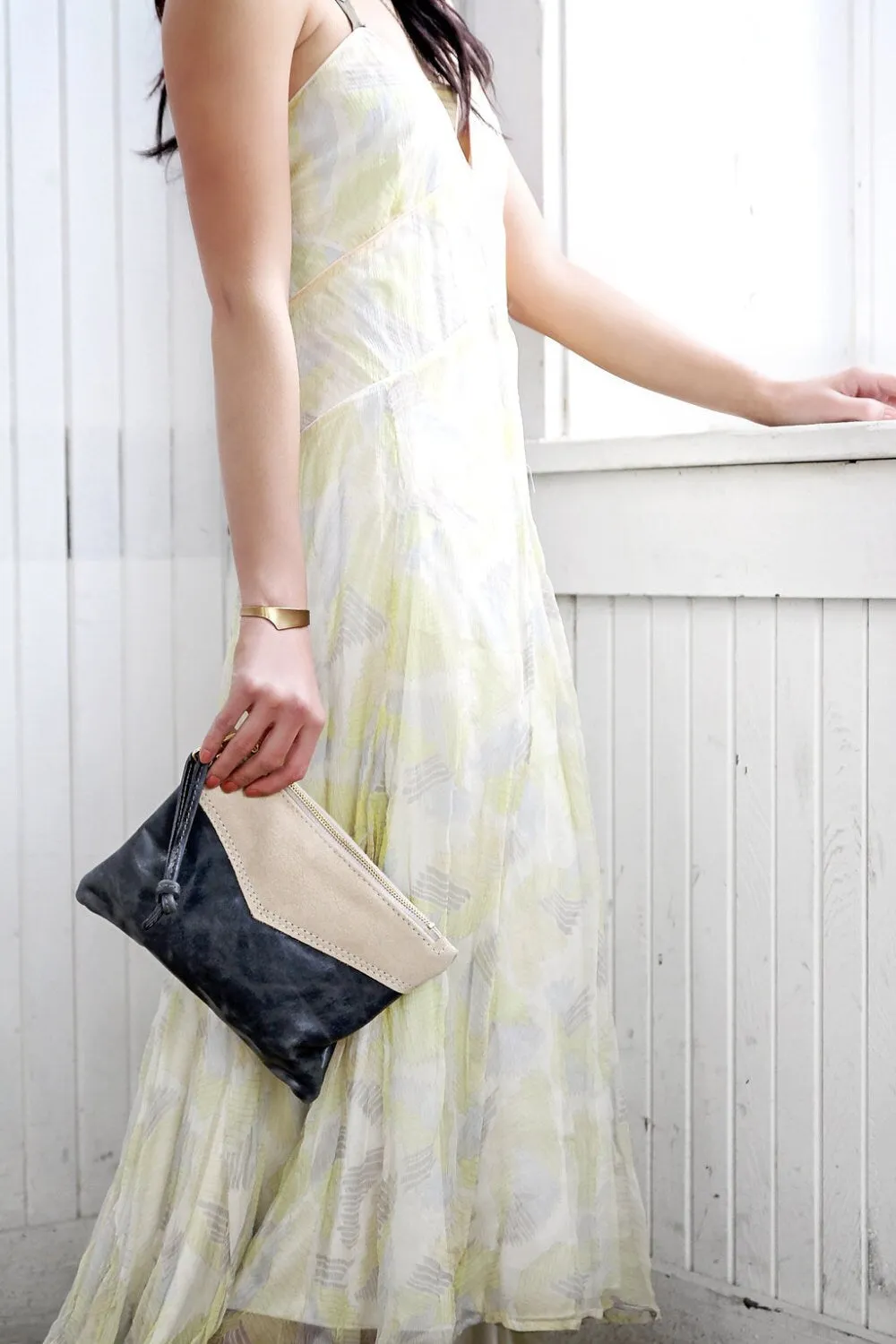 Large Leather Wristlet  Handbag For Women - Two Tone Colors with Suede Leather Option