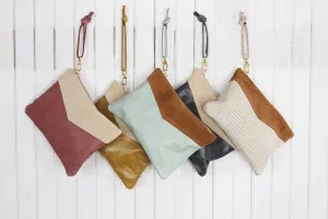 Large Leather Wristlet  Handbag For Women - Two Tone Colors with Suede Leather Option
