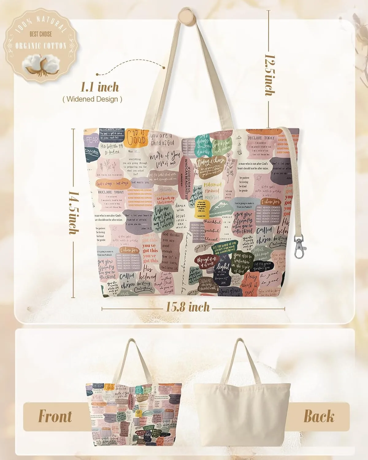 Large Tote Bag for Women - Aesthetic Cute Big Canvas Bags with Zipper Cotton Shoulder Bag for Gym, Travel, Work