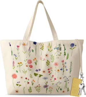 Large Tote Bag for Women - Aesthetic Cute Big Canvas Bags with Zipper Cotton Shoulder Bag for Gym, Travel, Work