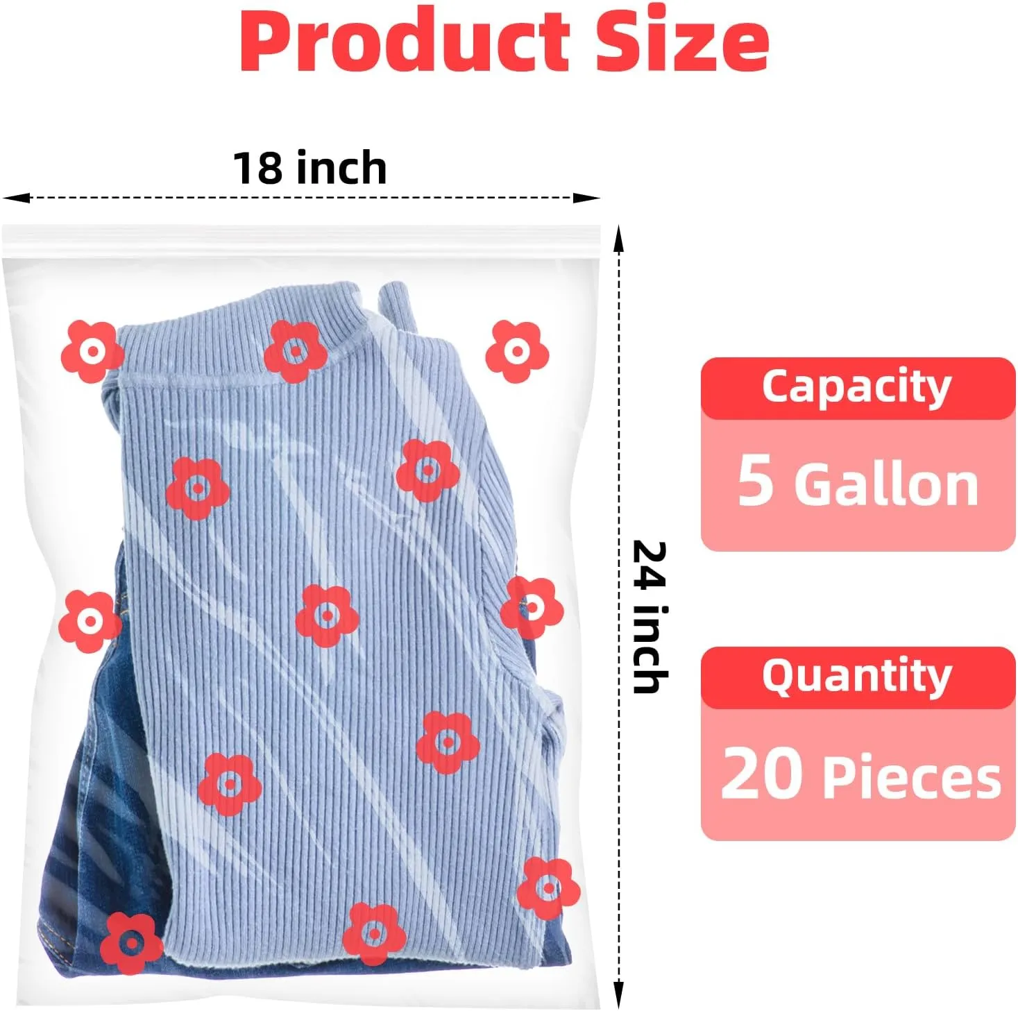 Large Zipper Cloth Storage Bags -5 Gallon Freezer Bags Thick Reclosable Zipper for Storage Clothing (flowers)
