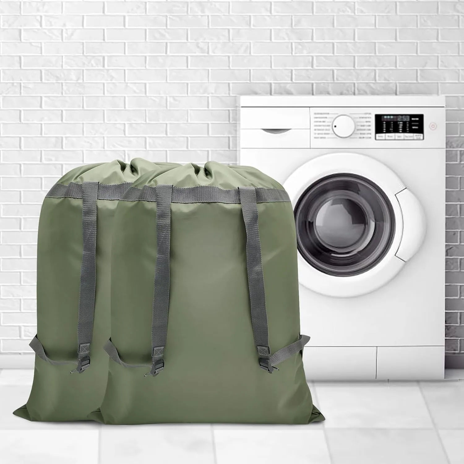 Laundry Bag Backpack, 27” x 34”Sturdy Laundry Bag with Shoulder Straps Drawstring Closure Heavy Duty Foldable Backpack for College, Travel, Laundromat, Apartment (Green| 2 Pack)