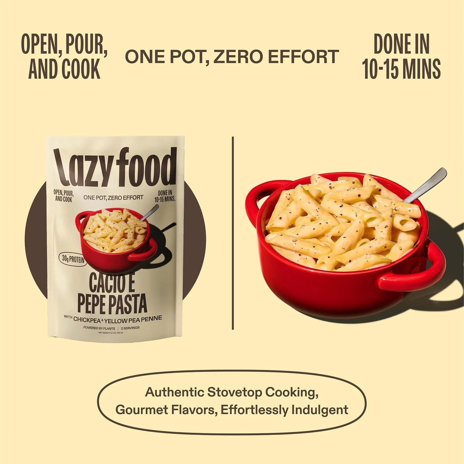 Lazy Food Cacio e Pepe Pasta Meal | Gluten Free Pasta Dinner | Low Carb High Protein Italian One Pot Meal Kit Made with Real Romano Cheese | Chickpea & Yellow Pea Penne - 3 Pack (6 Servings)