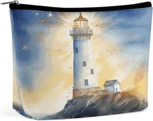 Leather Makeup Bag Waterproof Cosmetic Bag for Women Lighthouse Fantasy Light Open Flat Toiletry Bags Portable Pouch With Zipper Make Up Organizer Case for Travel Accessories
