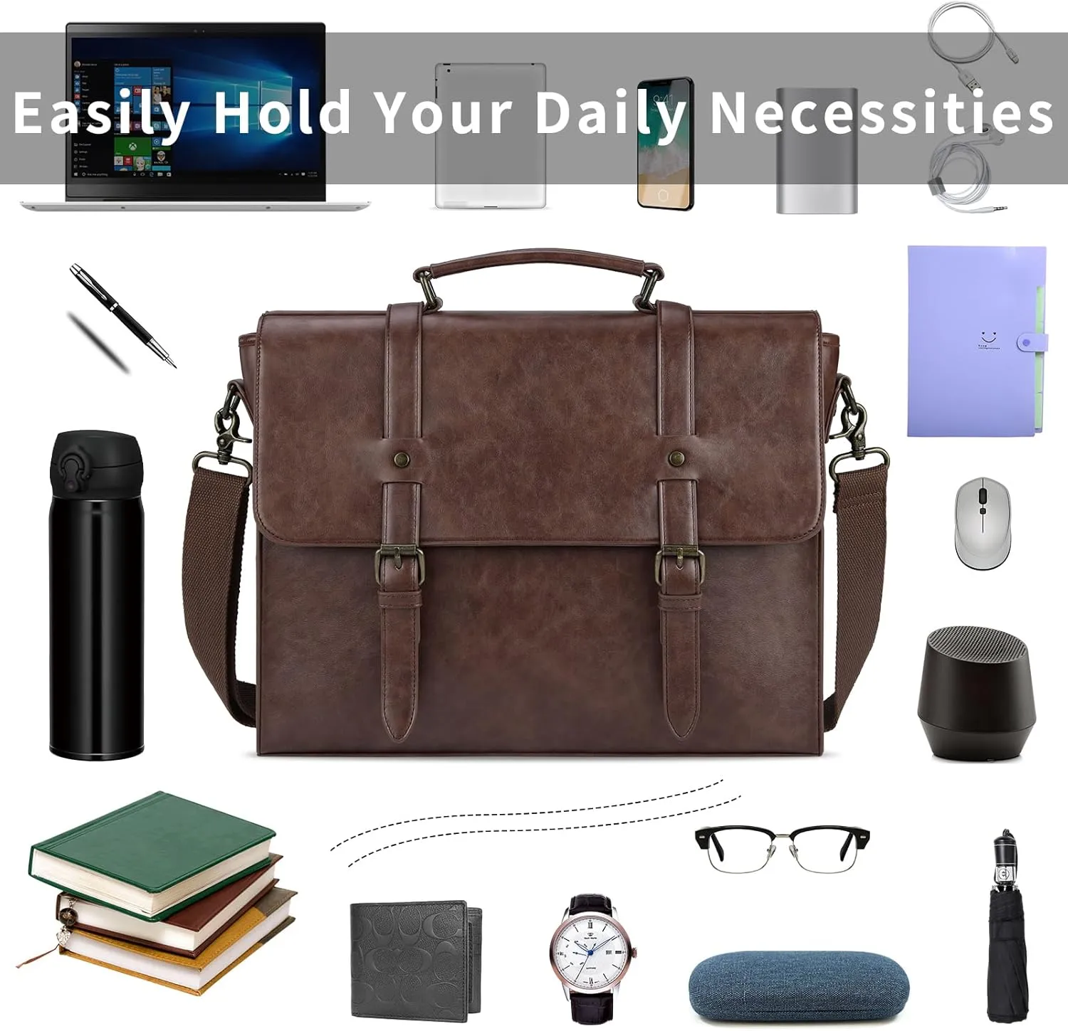 Leather Mens Messenger Bag Vintage 15.6 Inch Waterproof Leather Laptop Briefcase Satchel Shoulder Bag Computer Laptop Bag Coffee