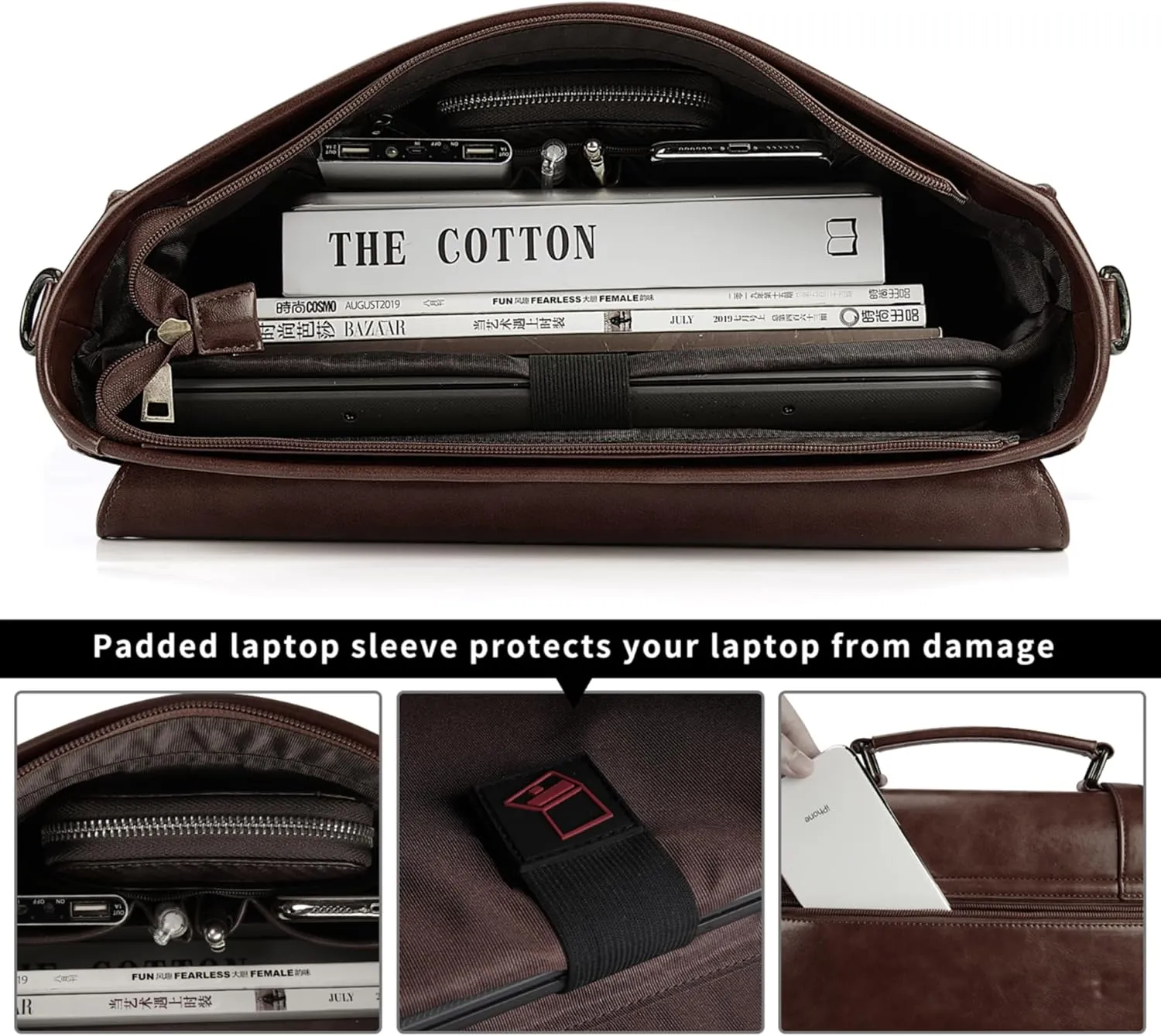 Leather Mens Messenger Bag Vintage 15.6 Inch Waterproof Leather Laptop Briefcase Satchel Shoulder Bag Computer Laptop Bag Coffee