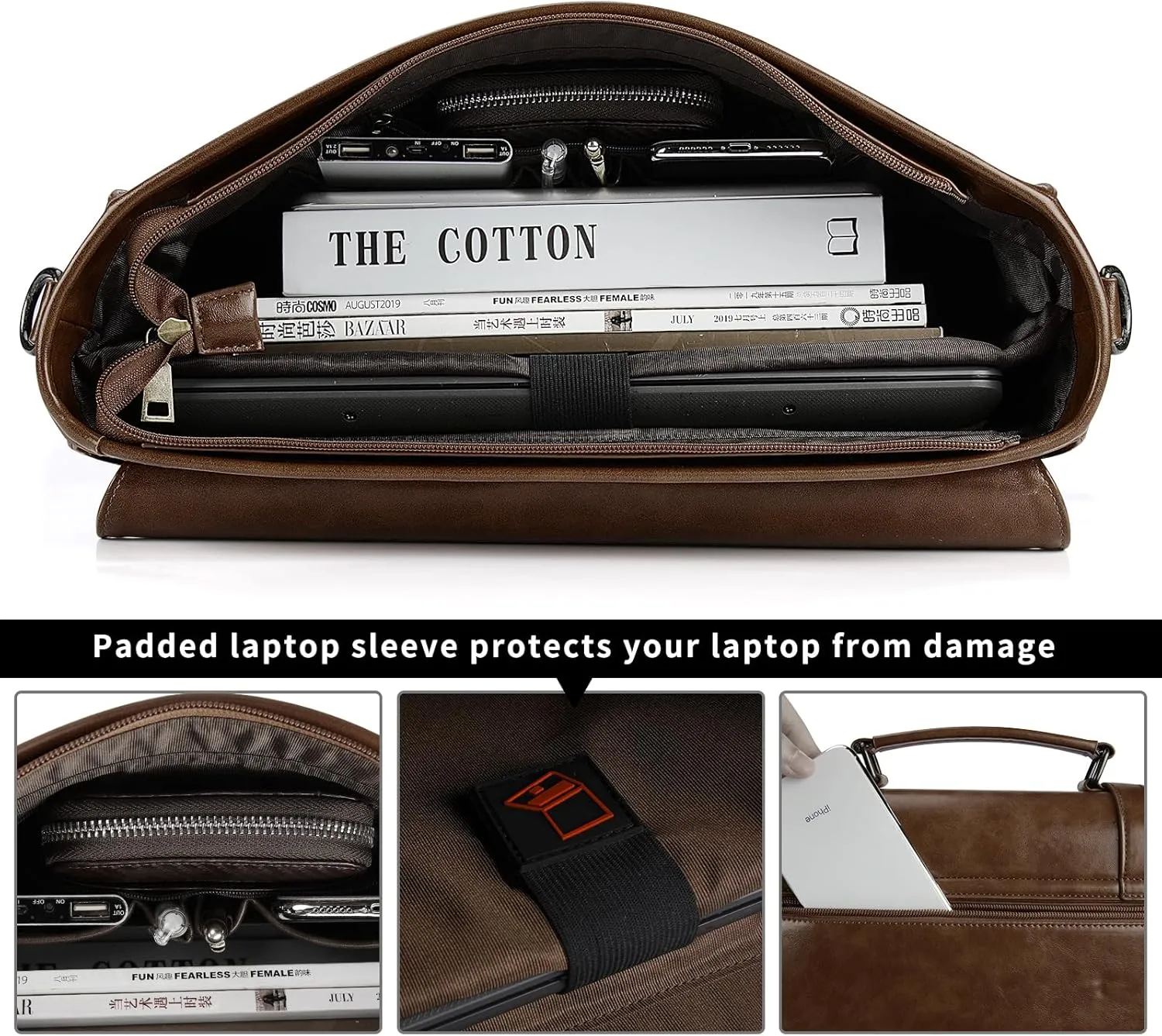 Leather Mens Messenger Bag Vintage 15.6 Inch Waterproof Leather Laptop Briefcase Satchel Shoulder Bag Computer Laptop Bag, Dark brown
