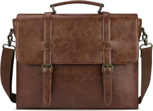 Leather Mens Messenger Bag Vintage 15.6 Inch Waterproof Leather Laptop Briefcase Satchel Shoulder Bag Computer Laptop Bag, Dark brown