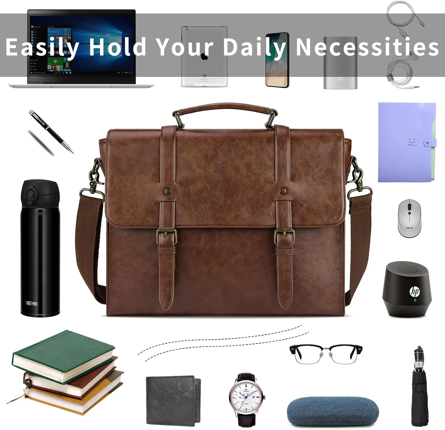Leather Mens Messenger Bag Vintage 15.6 Inch Waterproof Leather Laptop Briefcase Satchel Shoulder Bag Computer Laptop Bag, Dark brown