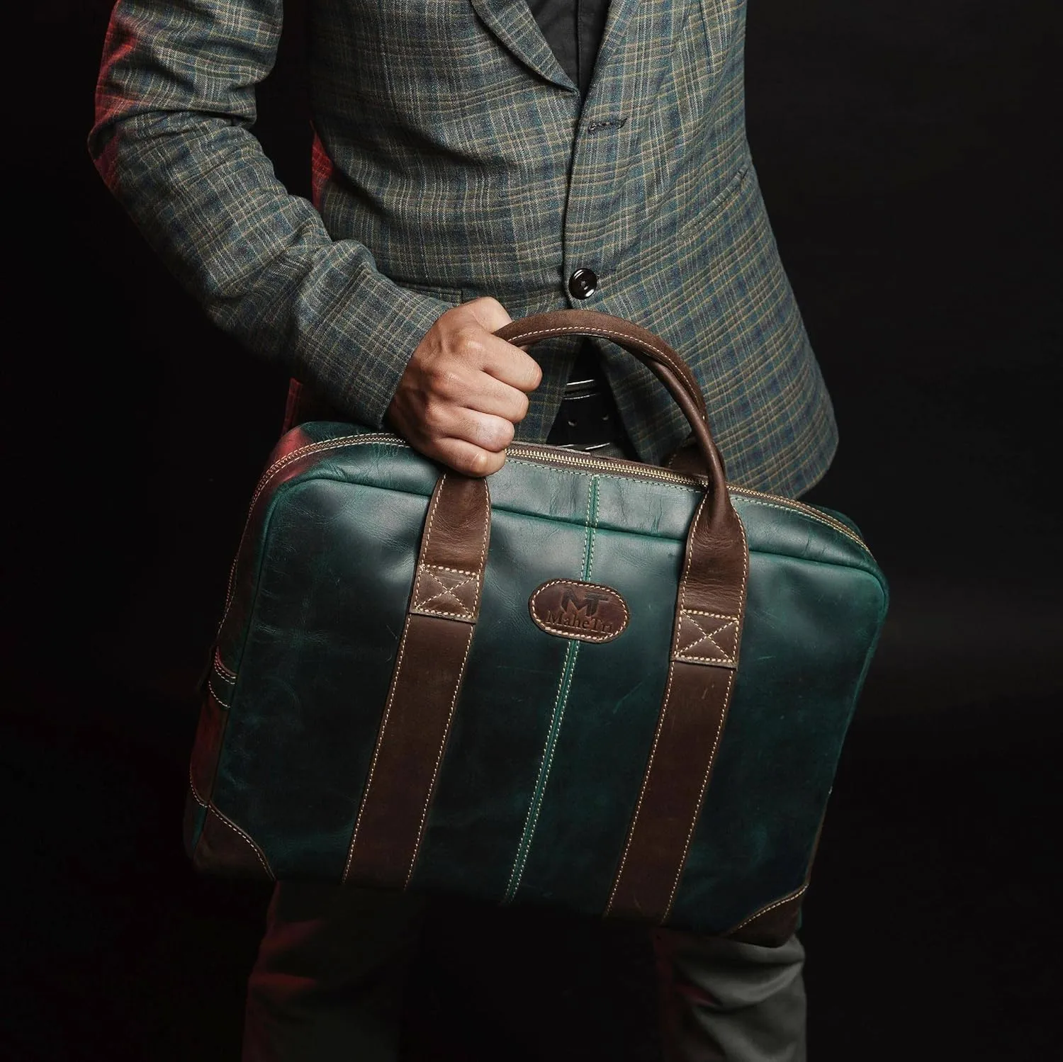 Leather Messenger Bag for Men, 16" Vintage Laptop Bag Briefcase Satchel Green/Brown Jefferson Limited Edition
