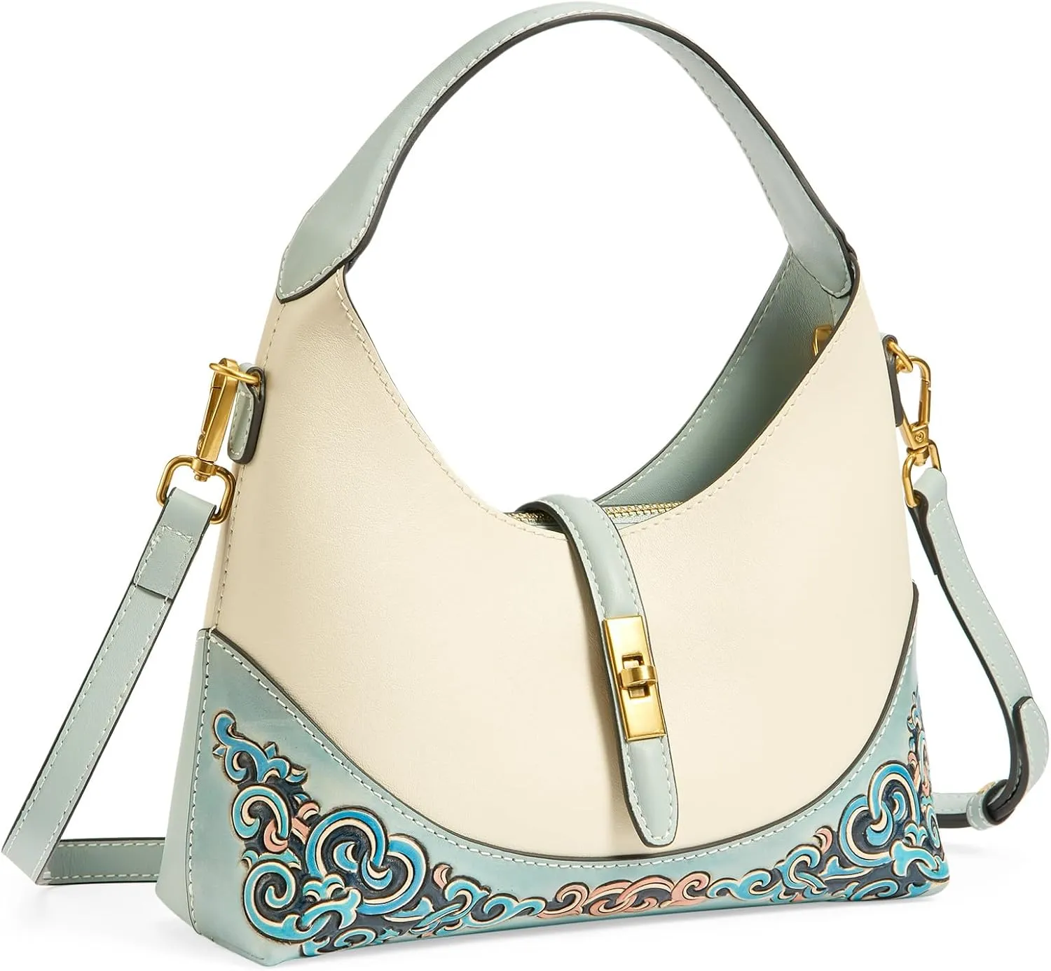 Leather Shoulder Bag for Women & Adjustable Crossbody with Hand-Carved Auspicious motifs