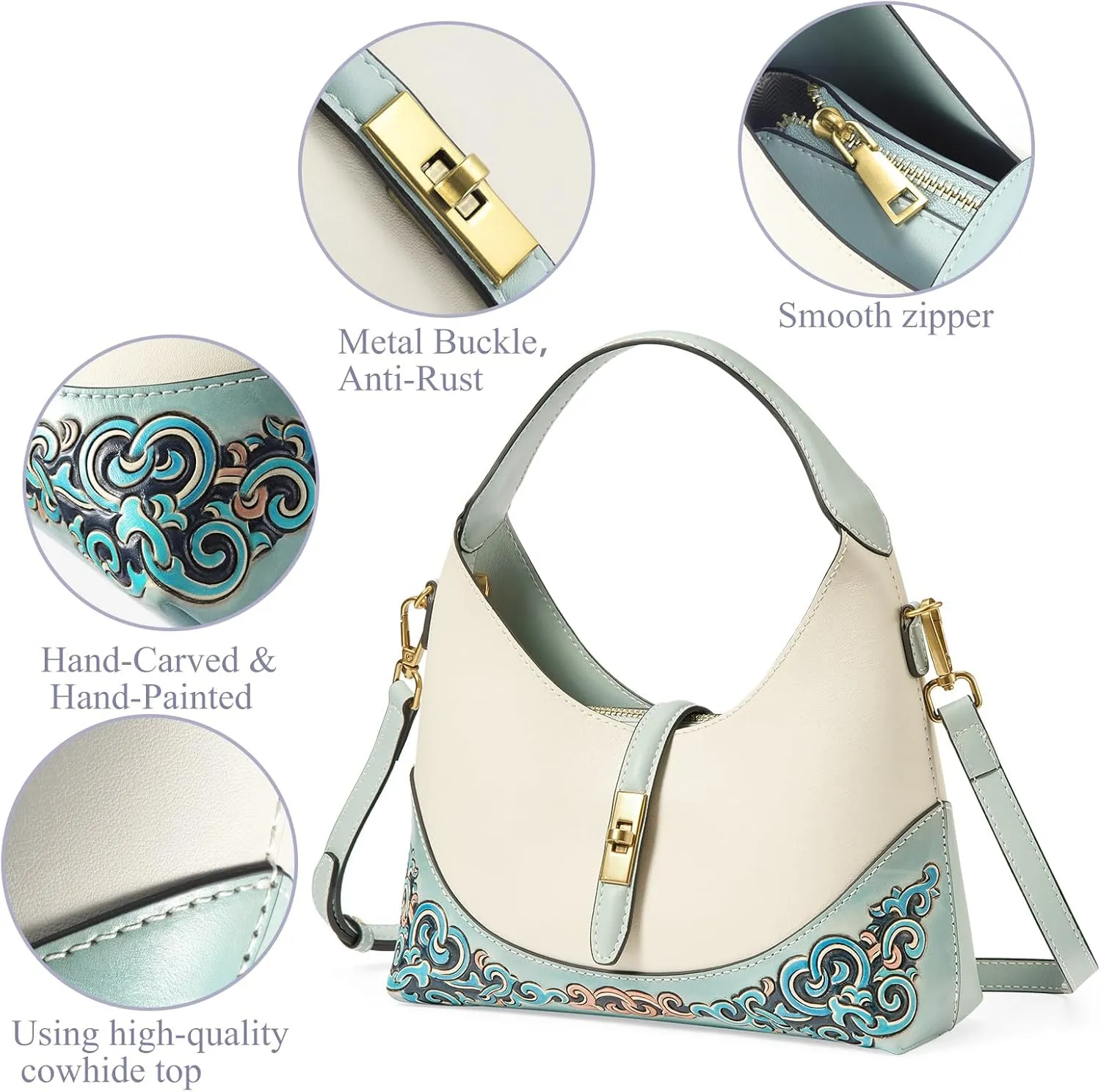Leather Shoulder Bag for Women & Adjustable Crossbody with Hand-Carved Auspicious motifs