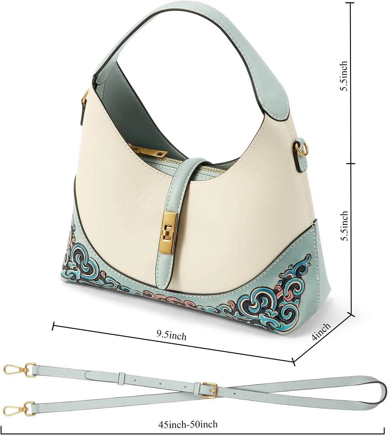 Leather Shoulder Bag for Women & Adjustable Crossbody with Hand-Carved Auspicious motifs