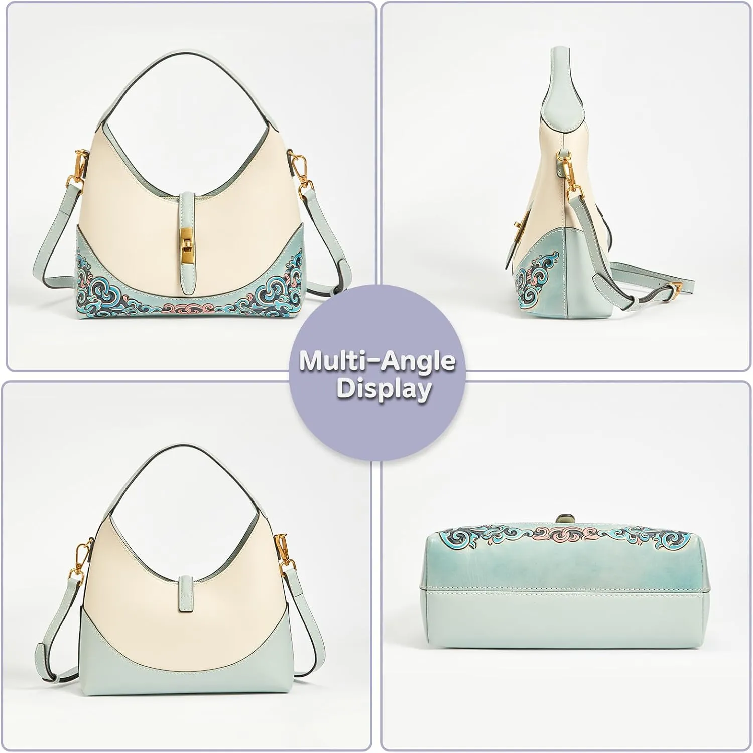 Leather Shoulder Bag for Women & Adjustable Crossbody with Hand-Carved Auspicious motifs