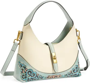 Leather Shoulder Bag for Women & Adjustable Crossbody with Hand-Carved Auspicious motifs
