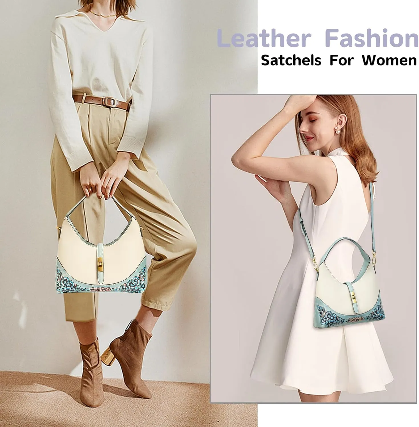 Leather Shoulder Bag for Women & Adjustable Crossbody with Hand-Carved Auspicious motifs