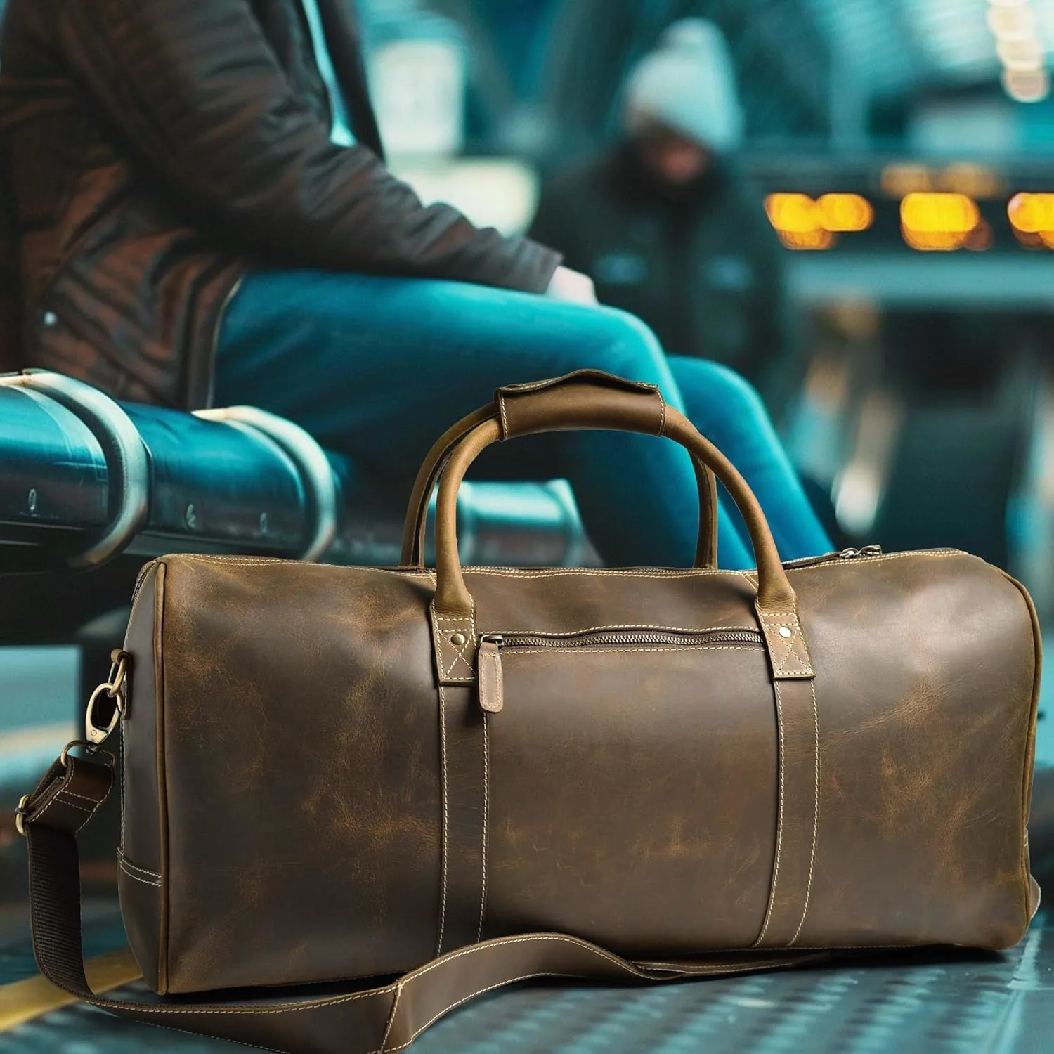 Leather Village Leather Duffle Bags for Men & Women-Stylish Travel Weekender Carry-On Sports Gym Overnight Luggage Bag - 20 Inch - Olive/Army Green