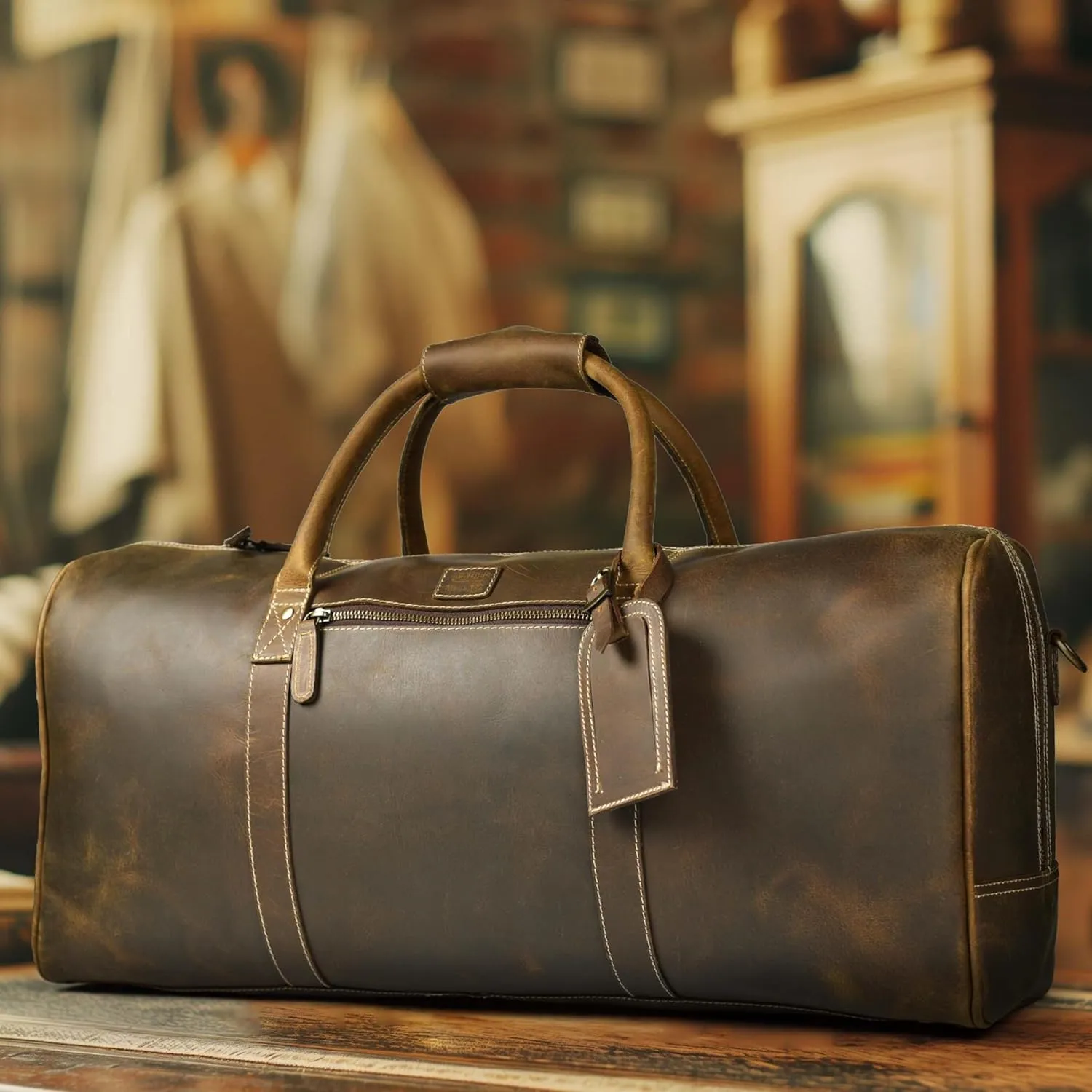 Leather Village Leather Duffle Bags for Men & Women-Stylish Travel Weekender Carry-On Sports Gym Overnight Luggage Bag - 20 Inch - Olive/Army Green