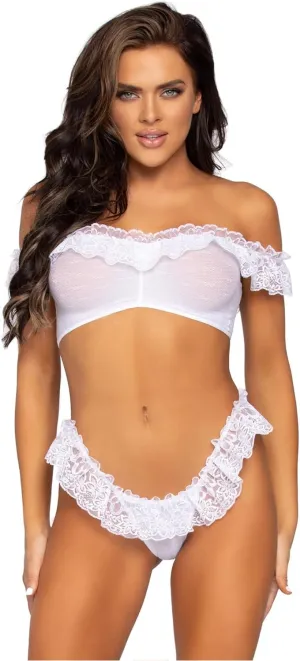 Leg Avenue Women's 2 Pc Lace Ruffle Off The Shoulder Set with Point D'Esprit Crop Top, Thong Panty, White, One Size