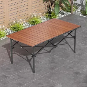LEIYTFE 120x55cm Large Table Camp Foldable,Aluminum Roll-Up Camp Table for 6-8 Person,Outdoor Picnic Table Rectangular with Carry Bag(Woodgrain)