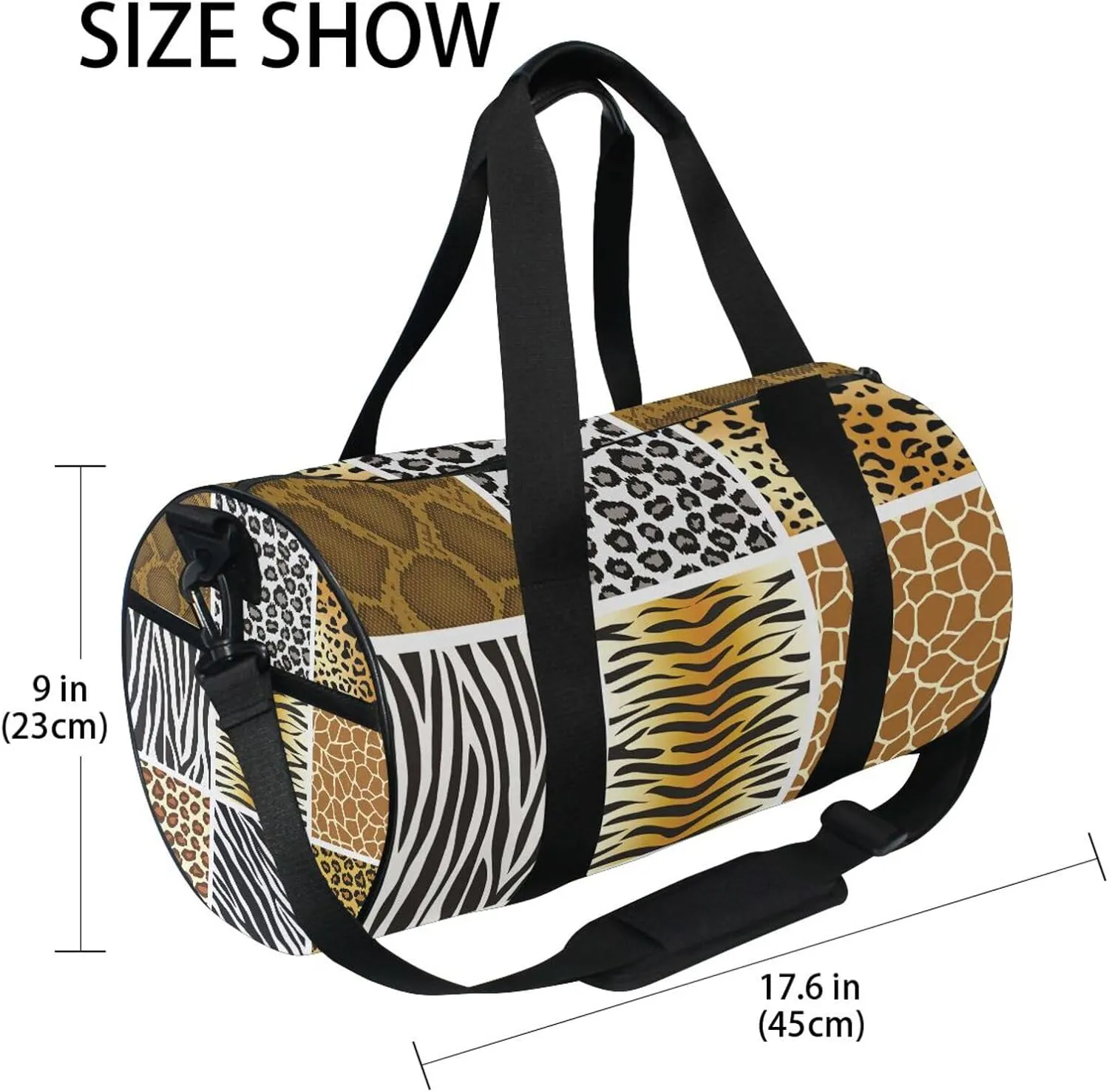 Leopard Tiger Zebra Giraffe Skin Portable Gym Bag, Travel Bag, Luggage bag, Sports Bag, Toiletry Bag with Handles, Detachable Shoulder Strap 17.6 x 9 x 9 inch
