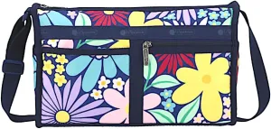 LeSportsac Flower Pop Deluxe Shoulder Satchel Crossbody Bag   Cosmetic Bag, Style 7519/Color E877, Playful & Colorful Retro Pop Art Flowers, New Environmentally Conscious Recycled Lightweight Material