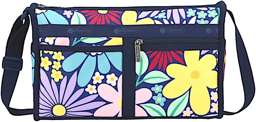 LeSportsac Flower Pop Deluxe Shoulder Satchel Crossbody Bag   Cosmetic Bag, Style 7519/Color E877, Playful & Colorful Retro Pop Art Flowers, New Environmentally Conscious Recycled Lightweight Material