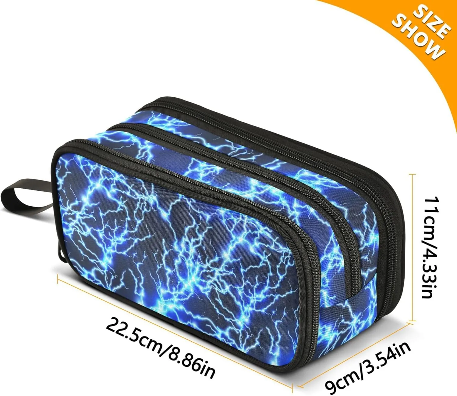 Lightning Pen Case Cool Blue Zipper Pouch Printed Pen Bag 3 Compartment Pencil Case