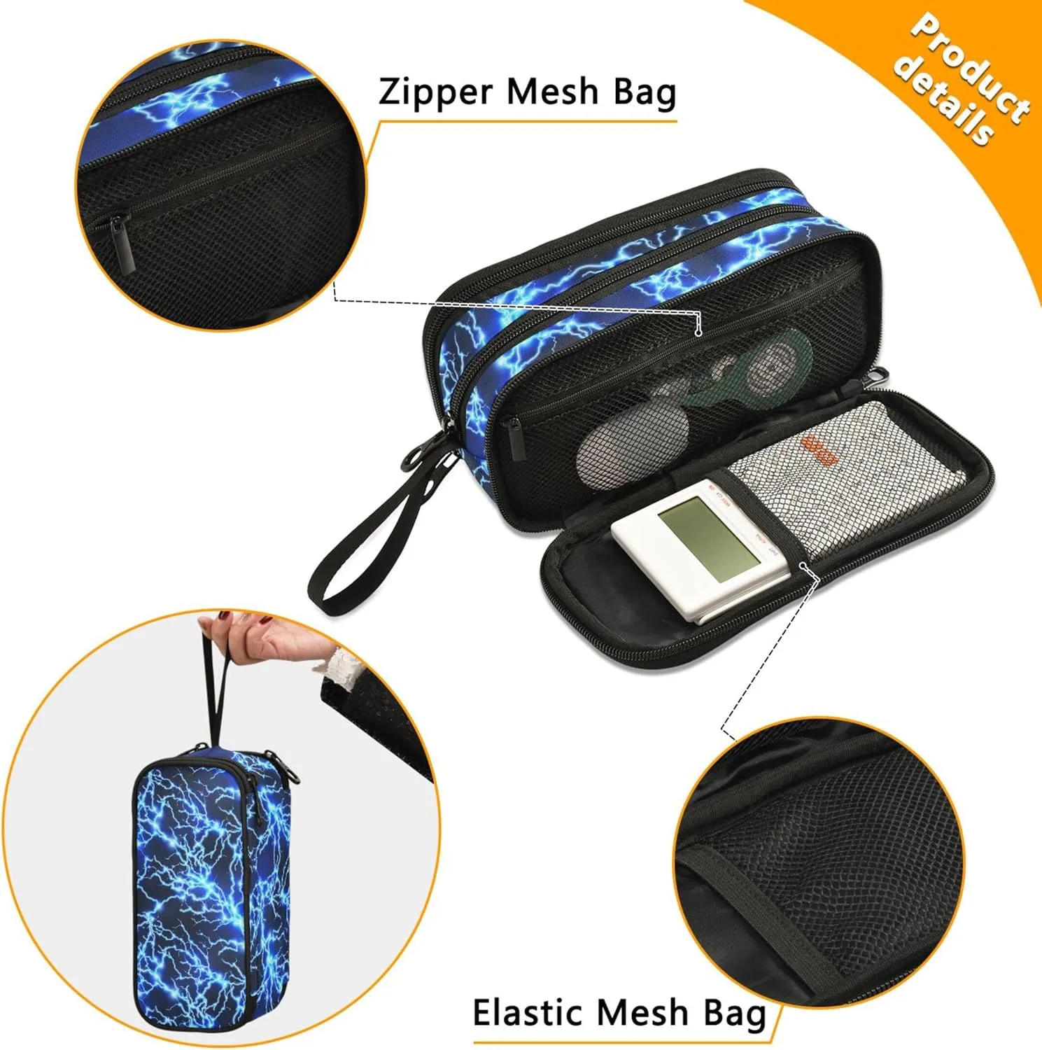 Lightning Pen Case Cool Blue Zipper Pouch Printed Pen Bag 3 Compartment Pencil Case