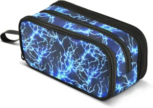 Lightning Pen Case Cool Blue Zipper Pouch Printed Pen Bag 3 Compartment Pencil Case