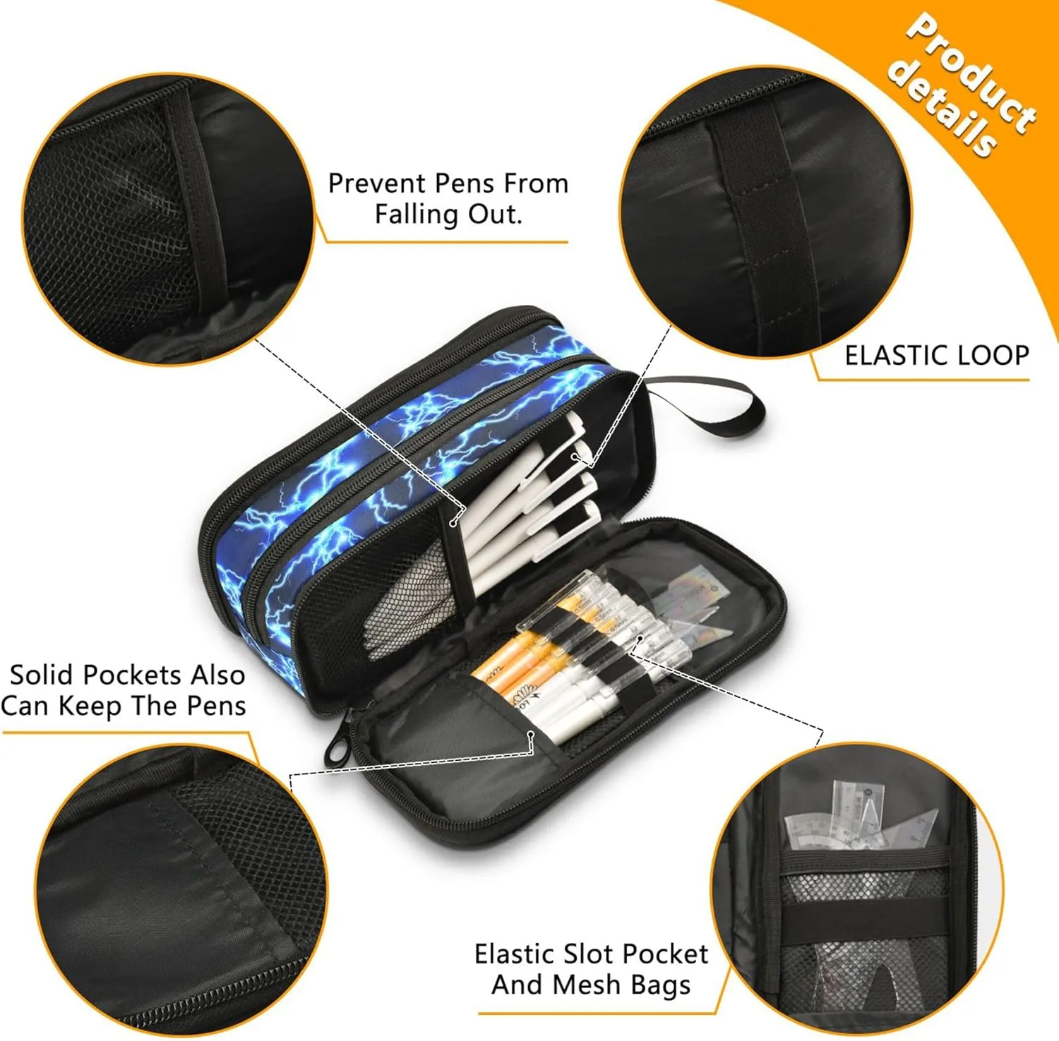 Lightning Pen Case Cool Blue Zipper Pouch Printed Pen Bag 3 Compartment Pencil Case