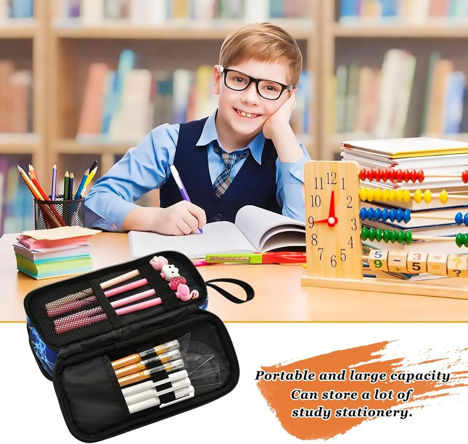 Lightning Pen Case Cool Blue Zipper Pouch Printed Pen Bag 3 Compartment Pencil Case