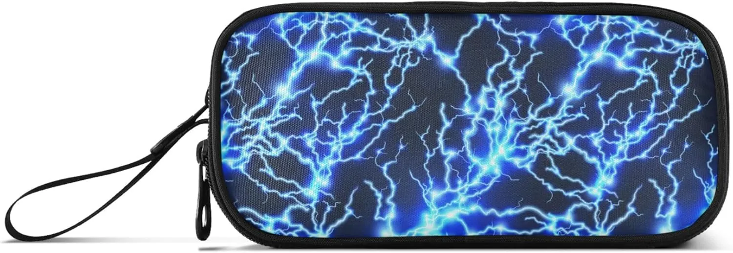 Lightning Pen Case Cool Blue Zipper Pouch Printed Pen Bag 3 Compartment Pencil Case