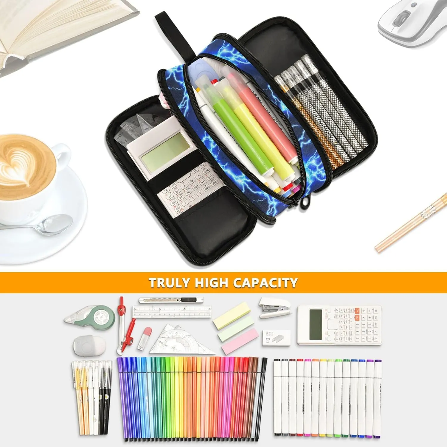 Lightning Pen Case Cool Blue Zipper Pouch Printed Pen Bag 3 Compartment Pencil Case