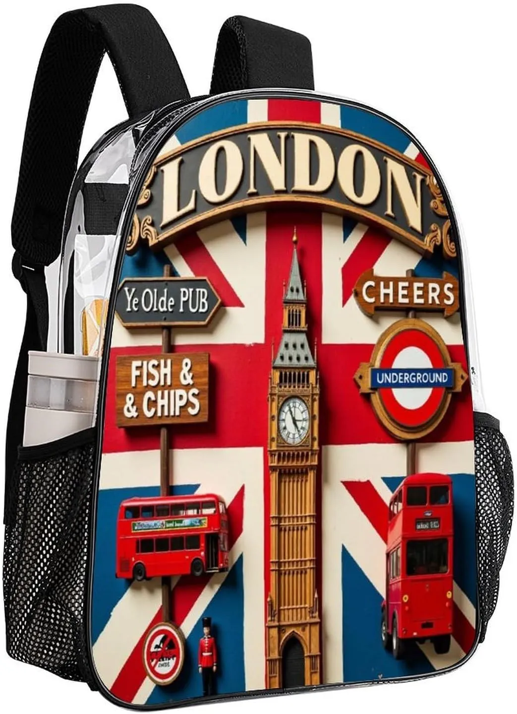 Lightweight Daypack Backpack for Trekking Work Running - Big Capacity Multipurpose Transparent Bookbag, British Flag London Business Computer Bag