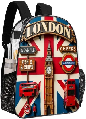 Lightweight Daypack Backpack for Trekking Work Running - Big Capacity Multipurpose Transparent Bookbag, British Flag London Business Computer Bag