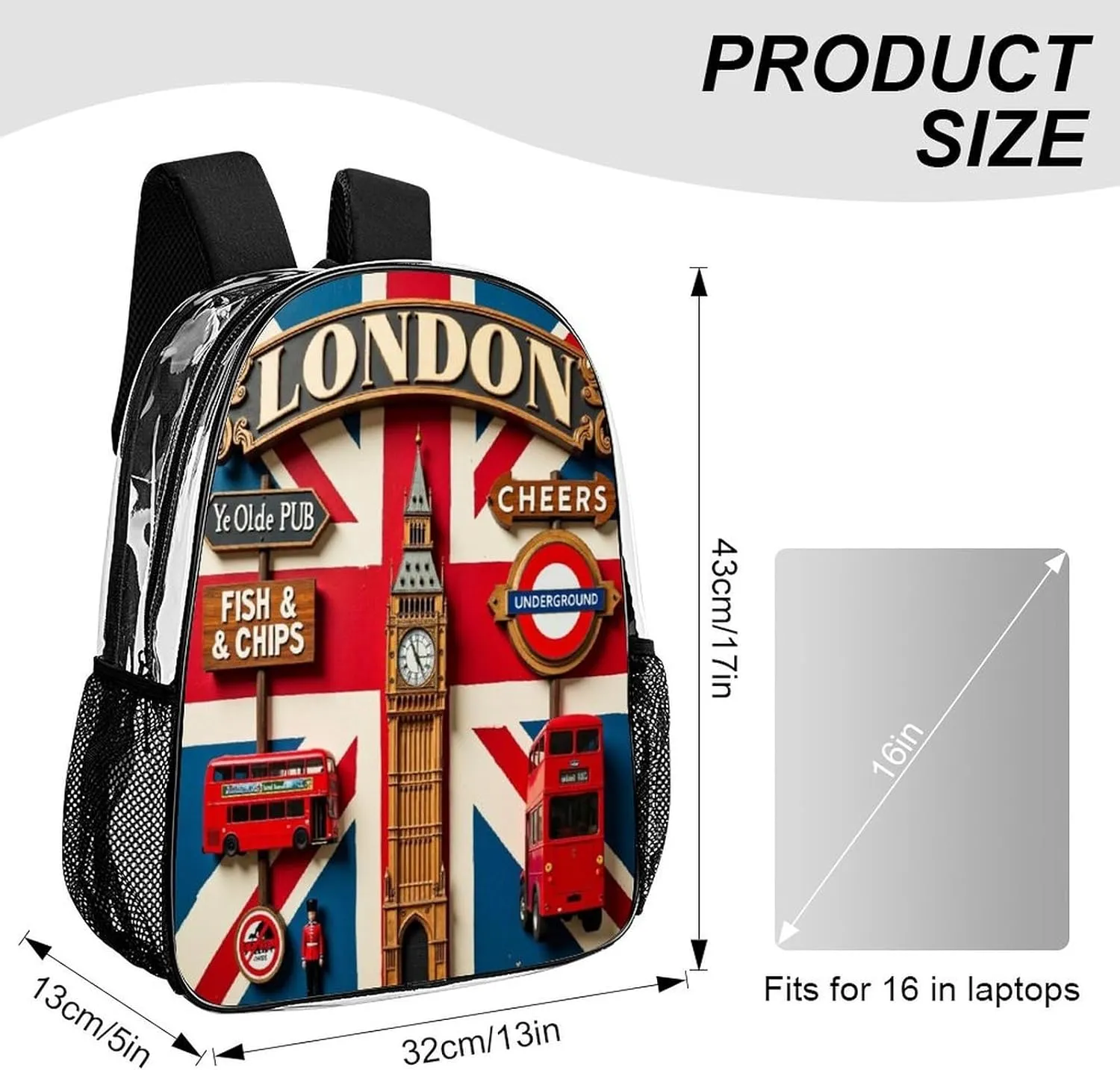 Lightweight Daypack Backpack for Trekking Work Running - Big Capacity Multipurpose Transparent Bookbag, British Flag London Business Computer Bag