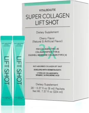 Liquid Collgen for Women, SuperCollagen Lift Shot - Premium Multi Collagens Peptides Type I, II, III, V, X 1500mg with Hyaluronic, Vitamin C, Third Party Certified, High Absorption