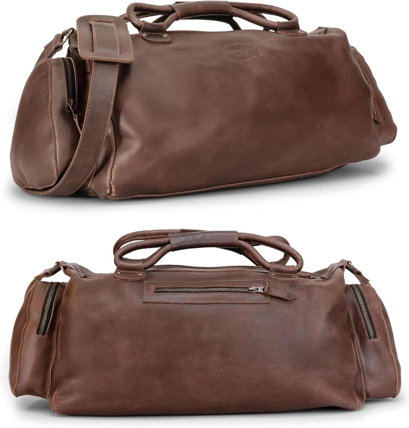 Littlefield & Co., Classic Shoulder Bag for Travel, Weekender Bag, Duffle Bag, Carry-On Case, Full Grain Leather, Handmade, Bourbon Brown